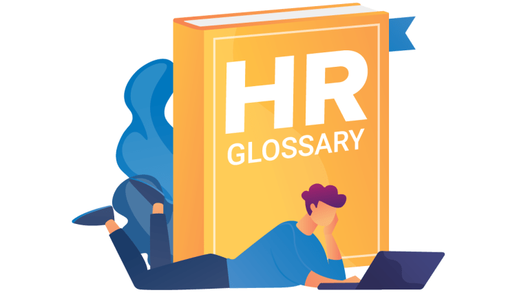 HR Glossary book with a person browsing on a computer